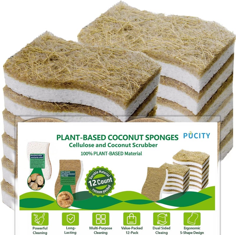 PUCITY Sponges Kitchen Natural Dish Sponge Plant-Based Biodegradable Compostable Cellulose with Coconut Scrubber Sponge Non Scratch Eco Friendly Kitchen sponges for Kitchen Dishes（Pack of 12） - Image 1